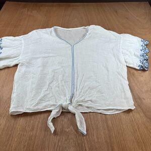 Max Studio White Blue Embroidered Tie Front Blouse Womens Size S